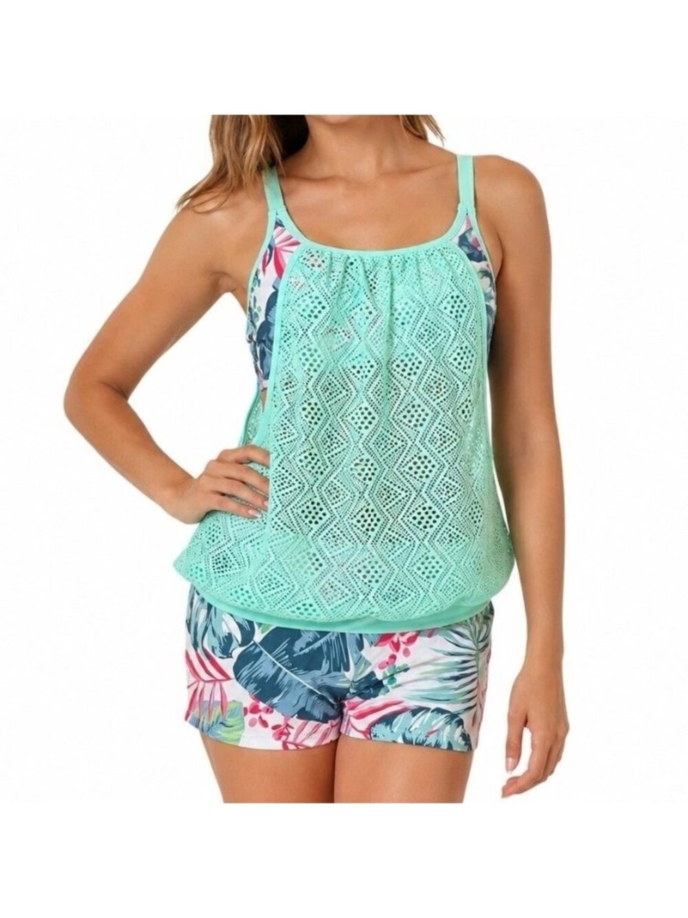 NWT Tropical Print Tankini Set Crochet Size S Womens